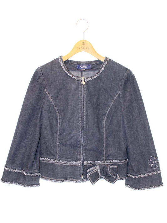 エムズグレイシー 914121 デニムジャケット 42 ブルー リボン カメリア ダブルジップ IT3REUYNDKIS
