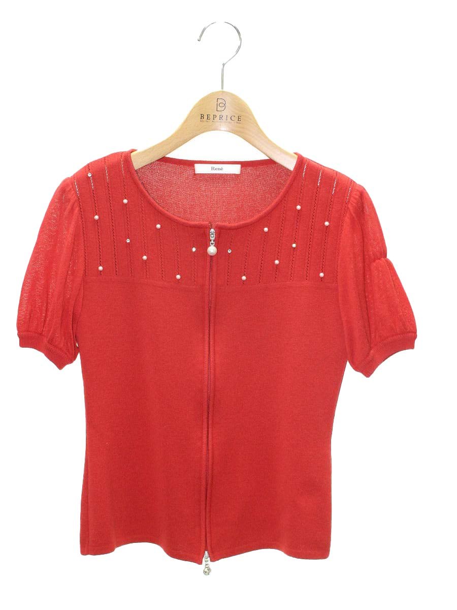 ルネ 6822400 カーディガン 34 レッド ラインストーン パール ダブルジップ ITQEPMEC8W7Q