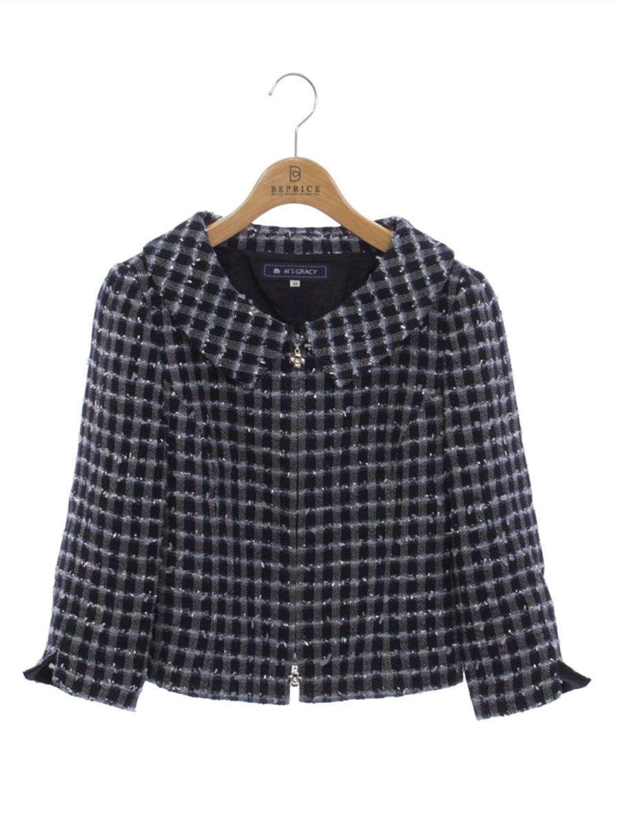 エムズグレイシー 624120 ジャケット 38 ネイビー ジップアップ ツイード調 ITPZQFG7V8MM