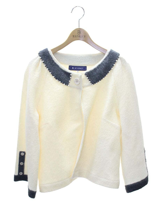 エムズグレイシー 628597 ジャケット 38 アイボリー ウール 襟デザイン フェイクパール ITKXXUETCTCA