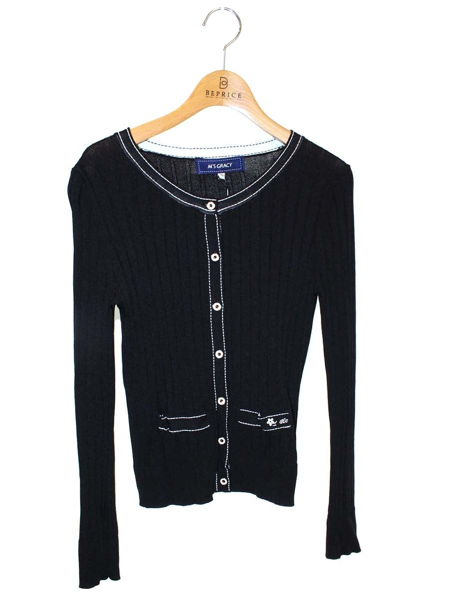 エムズグレイシー 018313 カーディガン 38 ブラック ステッチ リブ ITZQK34BIJNY