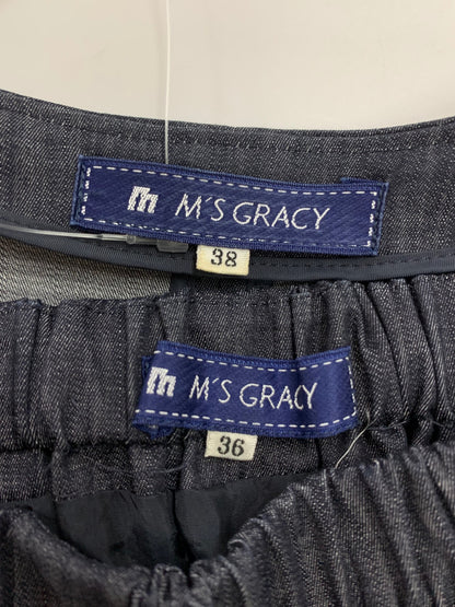 エムズグレイシー 224325/227346 スカートスーツ 38・36 ネイビー ノーカラー デニム リボン ITACT7YY5ODC