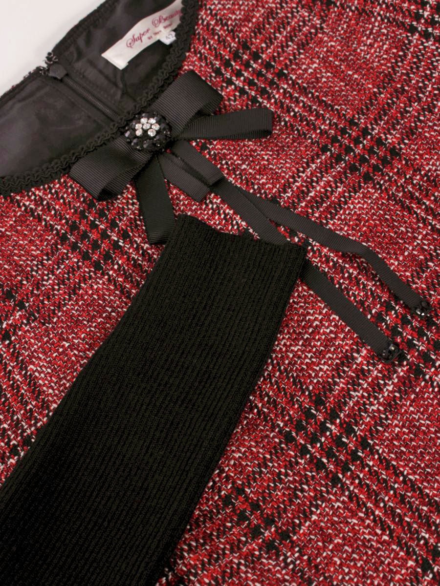 スーパービューティー ワンピース 42 レッド チェック柄 ビジュー リボン 袖ニット IT40FXXAAKU4 【SALE】