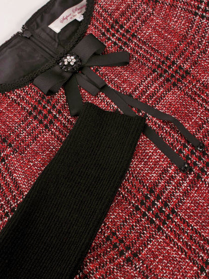 スーパービューティー ワンピース 42 レッド チェック柄 ビジュー リボン 袖ニット IT40FXXAAKU4 【SALE】