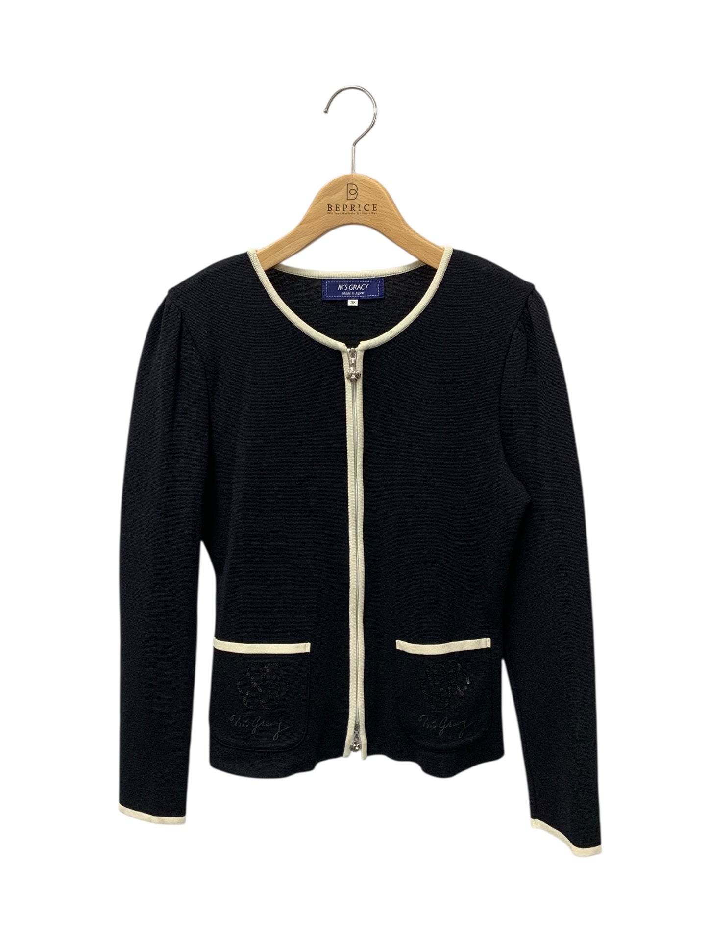 エムズグレイシー 318102 カーディガン 38 ブラック スパンコール カメリア ジップアップファスナー ITEQ2TBYIYIW