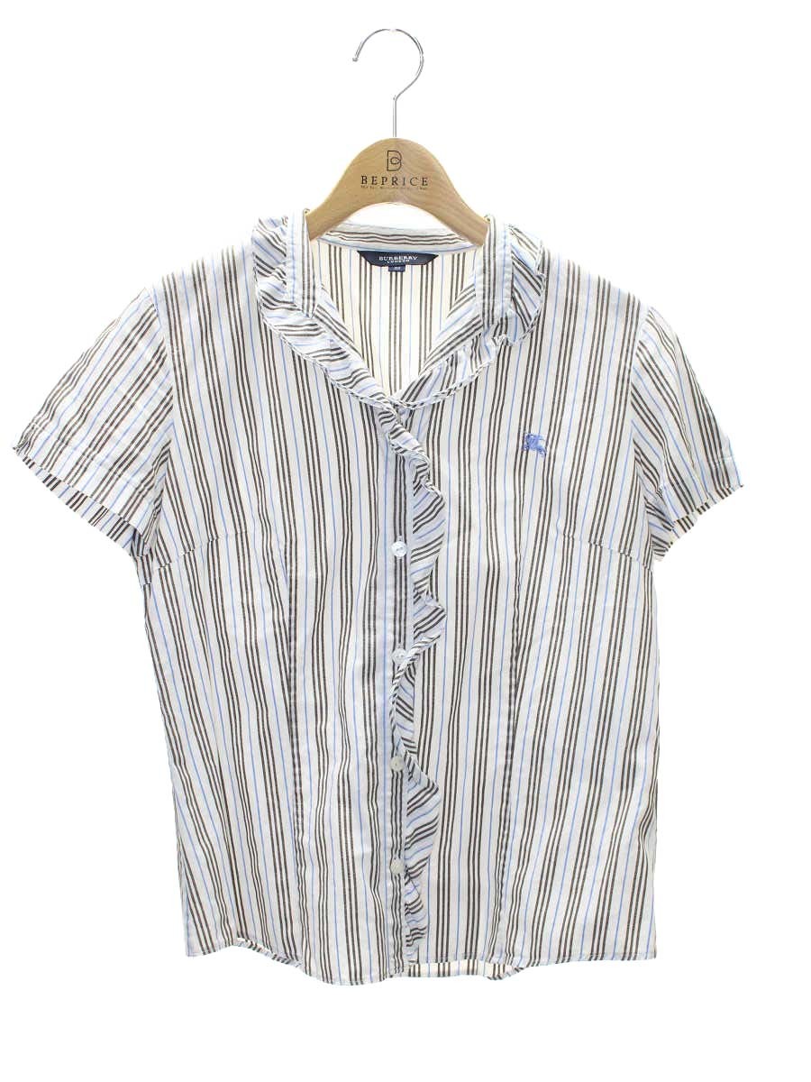 バーバリーロンドン FEA50-033-05 シャツ 38 ホワイト/ブラウン/ブルー ストライプ フリル ITIRWACU5HCH