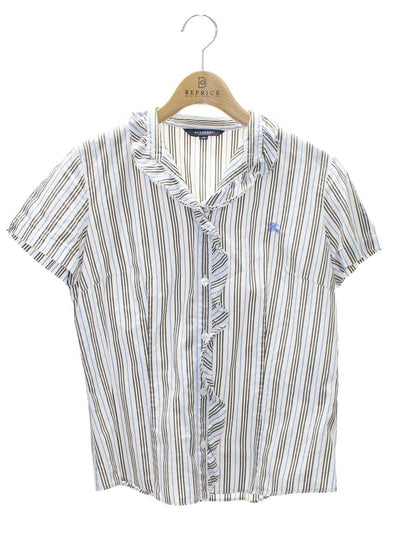 バーバリーロンドン FEA50-033-05 シャツ 38 ホワイト/ブラウン/ブルー ストライプ フリル ITIRWACU5HCH