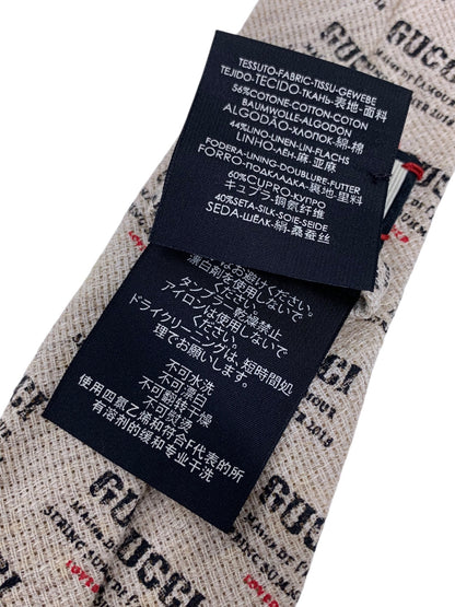 グッチ ベージュ 18SS スタンプロゴ コットンリネン 総柄 ネクタイ 148×7㎝ ITXFL6QSJ3XW
