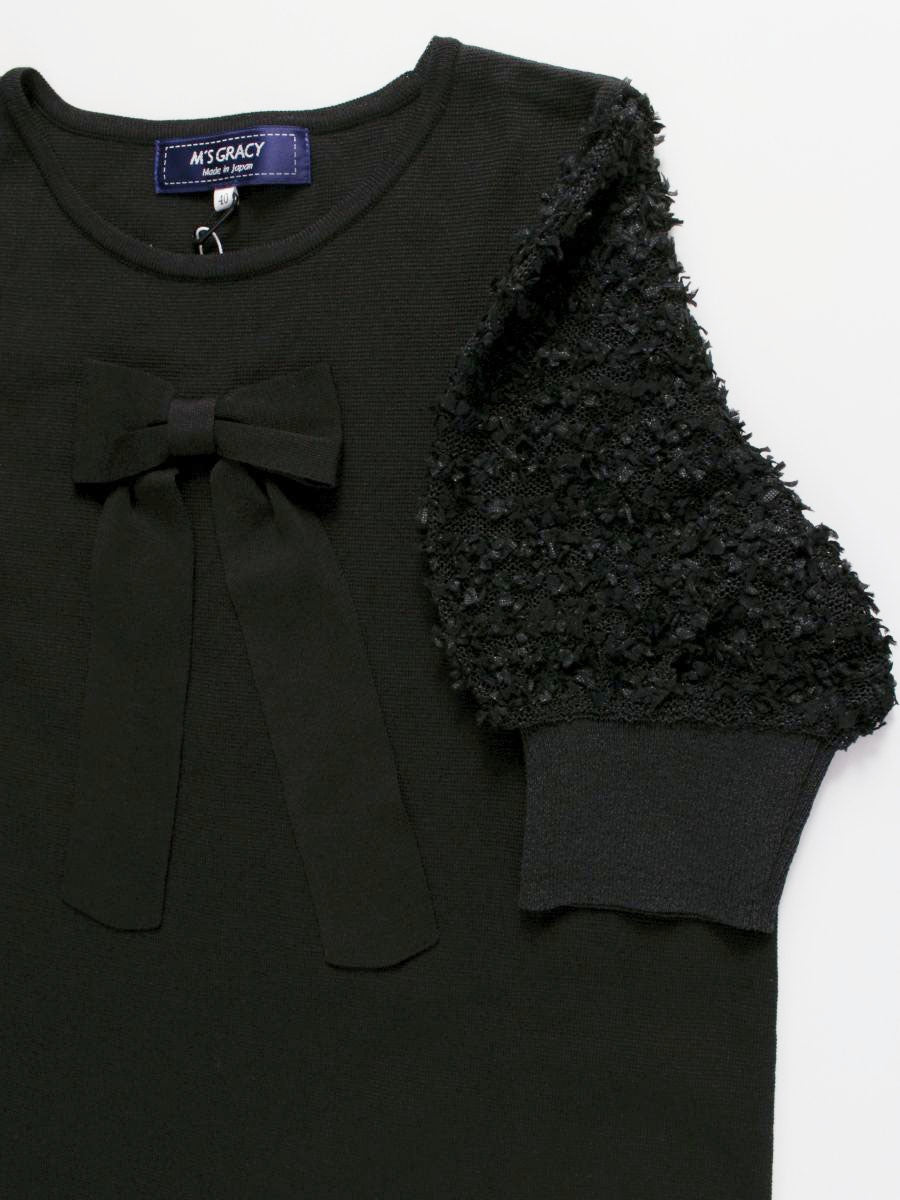 エムズグレイシー 018331 ワンピース 40 ブラック ニット リボン リブ袖 ITL3JTWHPTQG
