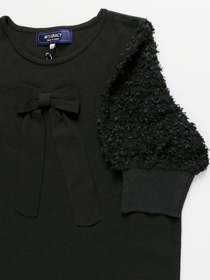 エムズグレイシー 018331 ワンピース 40 ブラック ニット リボン リブ袖 ITL3JTWHPTQG