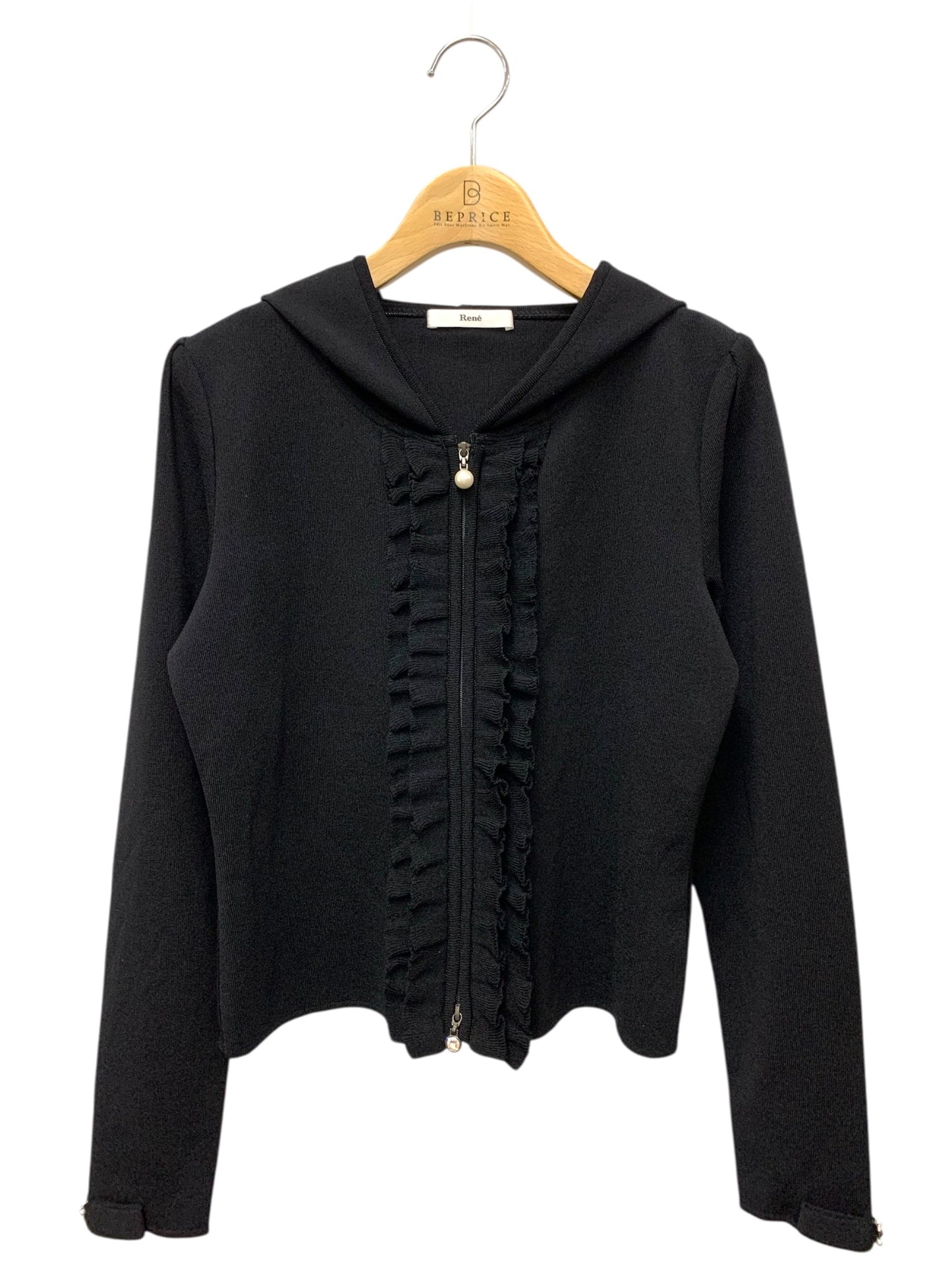 ルネ 6932480 パーカー 38 ブラック ジップアップ フリル パールリボン ITZCSB7WIA94