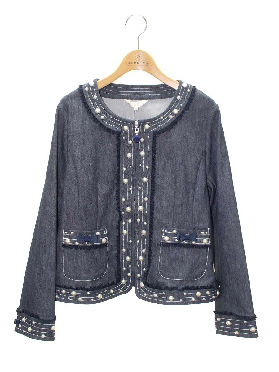 スーパービューティ  ジャケット 42 ネイビー デニム フェイクパール ITH61FM90SV4