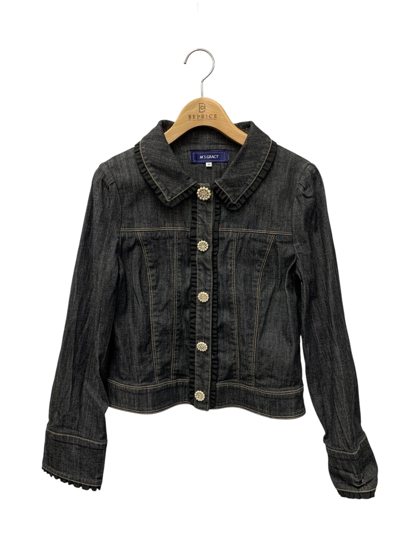 エムズグレイシー ビジューボタン付きデニムジャケット 214504 38 ブラック コットン パールボタン ITNUD694Q9LP