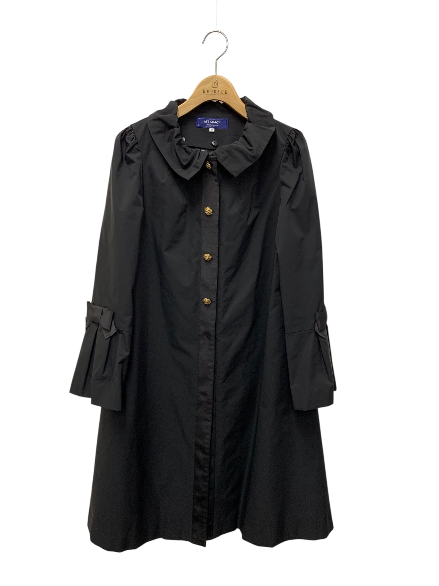 エムズグレイシー 729501 コート 38 ブラック フリル襟 カメリアボタン リボン ライナー付き ITH2I7P8ARO4
