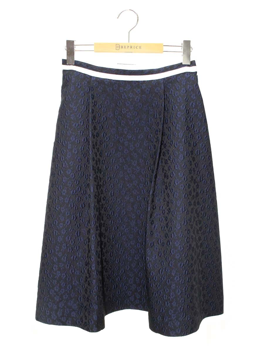 エムズグレイシー 017123 スカート 38 ネイビー フラワーモチーフ エンボス タックフレア ITOZLEJIFZAI