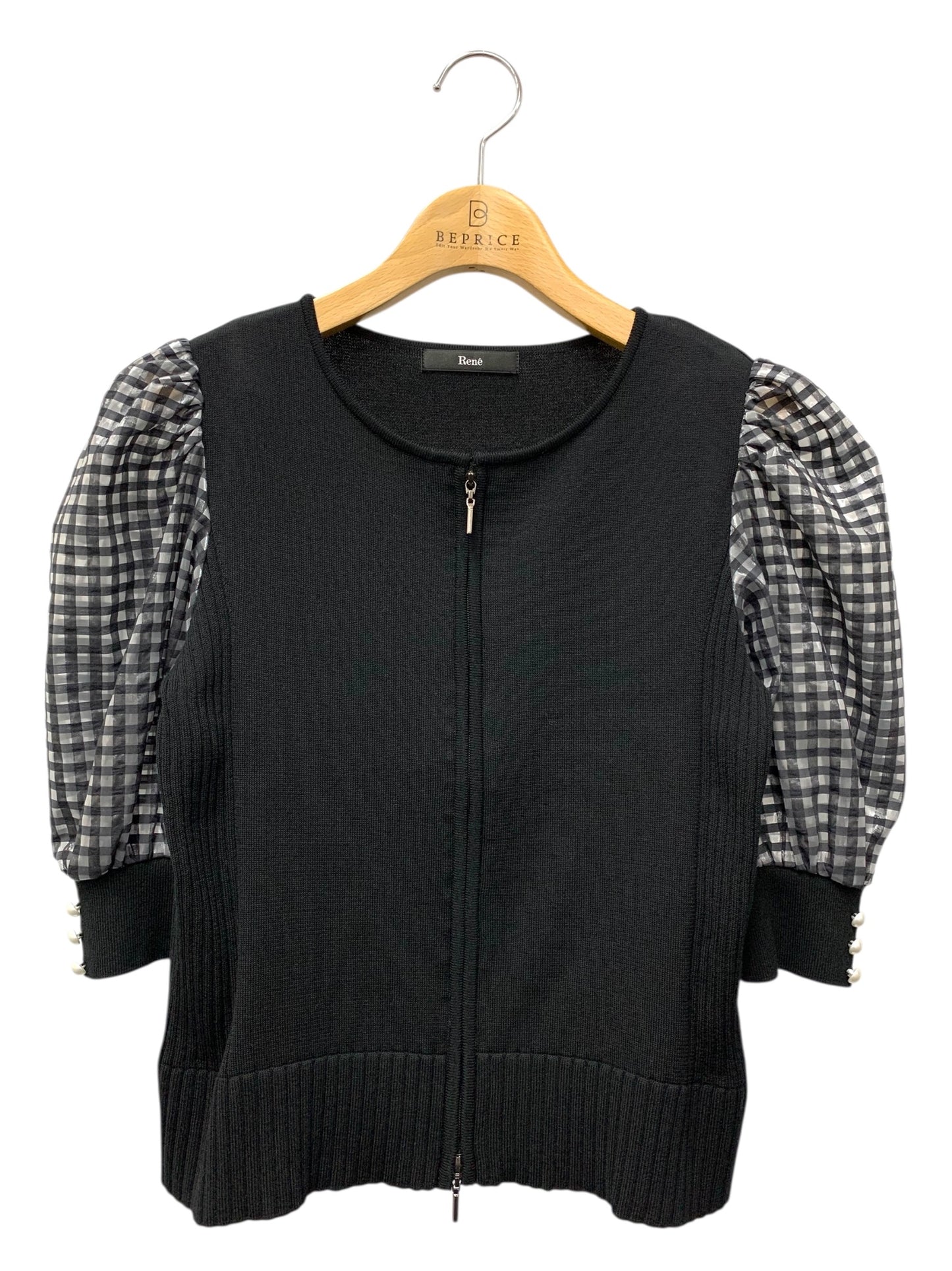 ルネ 5422031 カーディガン 34 ブラック 異素材ミックス チェックバルーンスリーブ パール ダブルジップ ITKAZFH7IENC