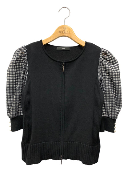 ルネ 5422031 カーディガン 34 ブラック 異素材ミックス チェックバルーンスリーブ パール ダブルジップ ITKAZFH7IENC