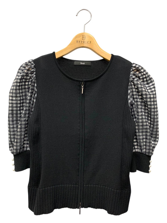 ルネ 5422031 カーディガン 34 ブラック 異素材ミックス チェックバルーンスリーブ パール ダブルジップ ITKAZFH7IENC