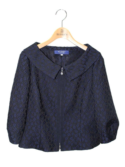 エムズグレイシー 014114 ジャケット 38 ネイビー ブルゾン ジップアップ エンボス IT65DMY8L5LC