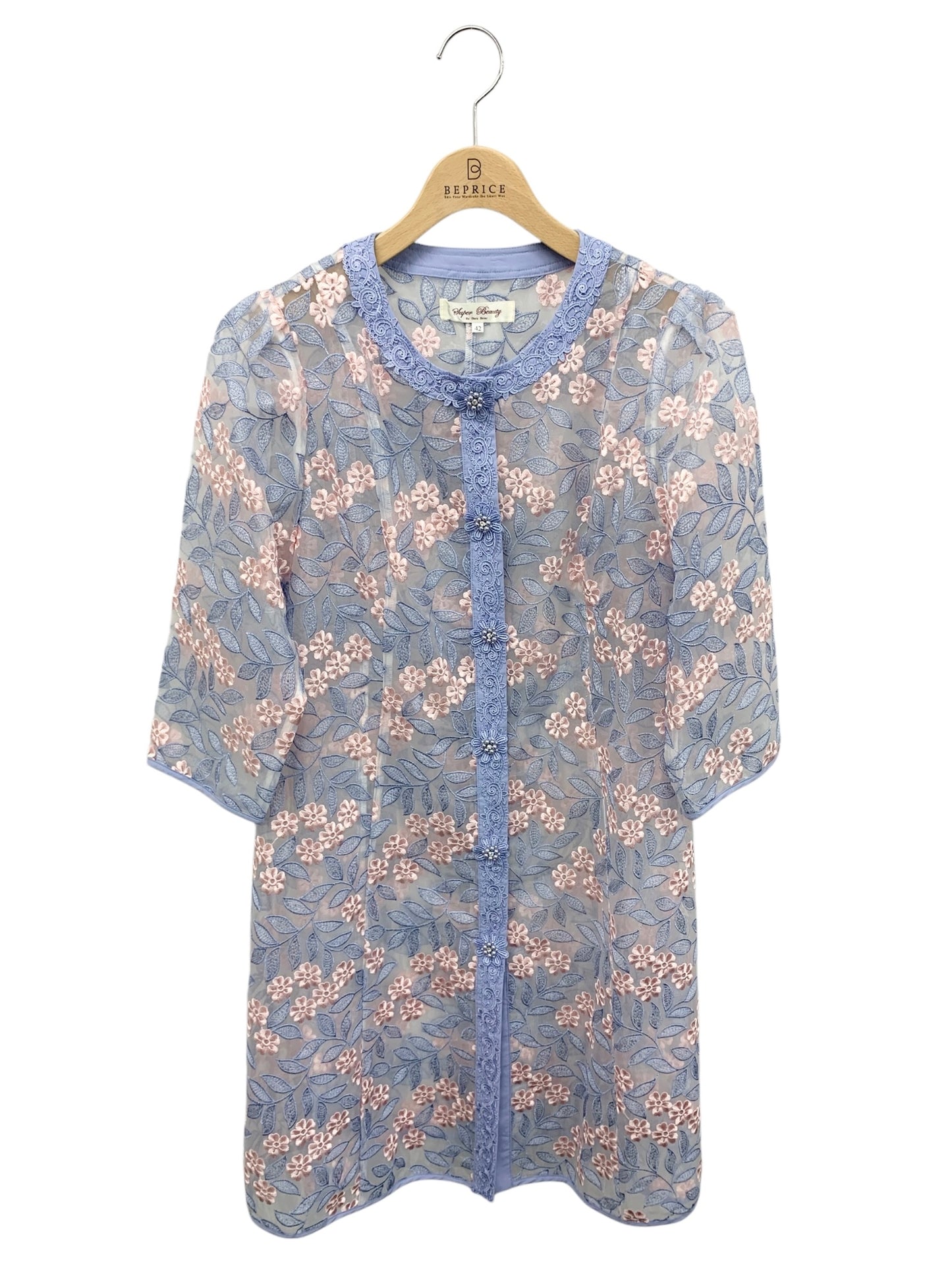 スーパービューティー ロングカーディガン 42 ブルー フラワーモチーフ レース ITW9WJV1JYDS