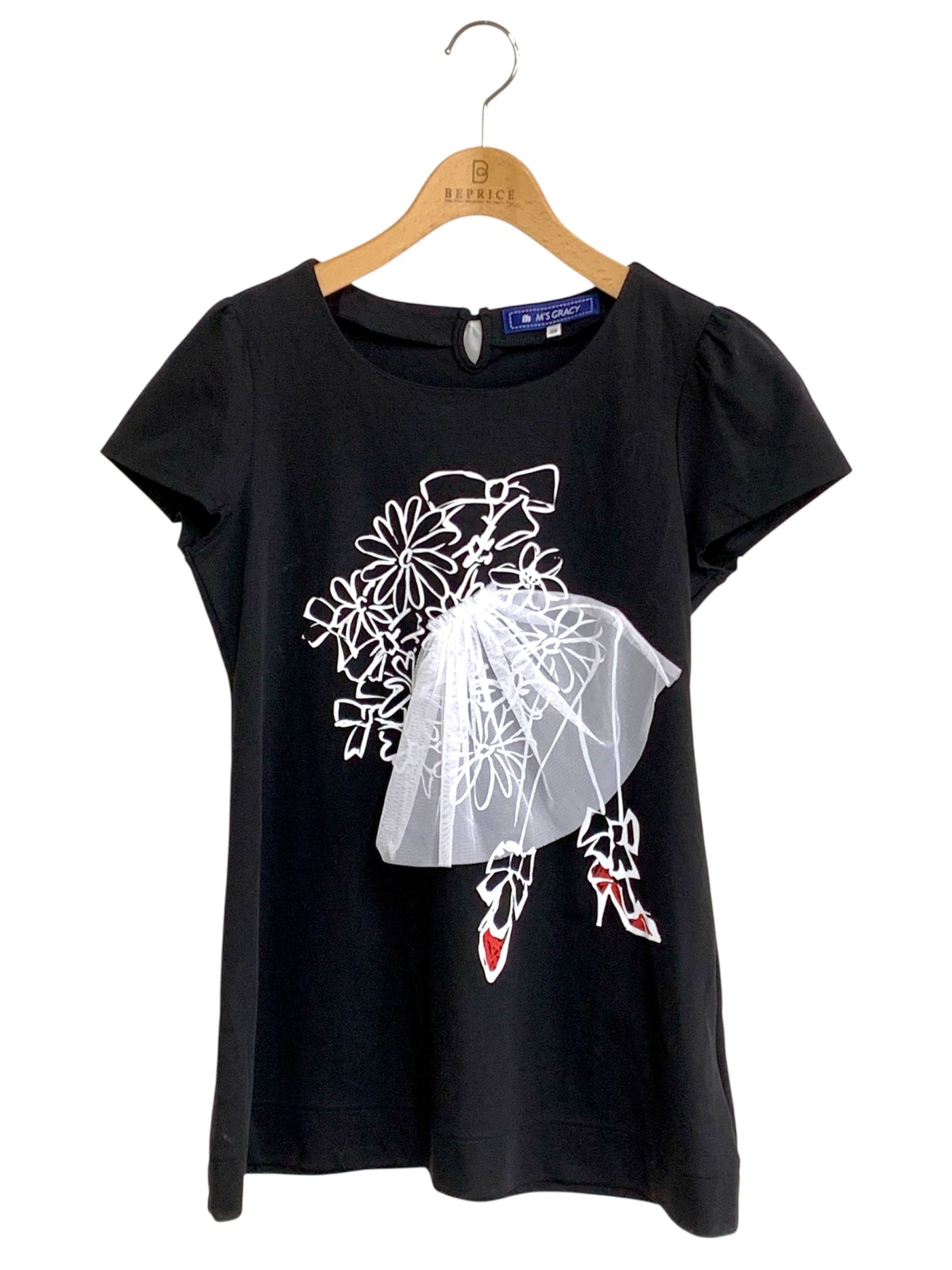 エムズグレイシー 625335 Tシャツ カットソー 38 ブラック フラワーモチーフ レース IT7XPB918LZG