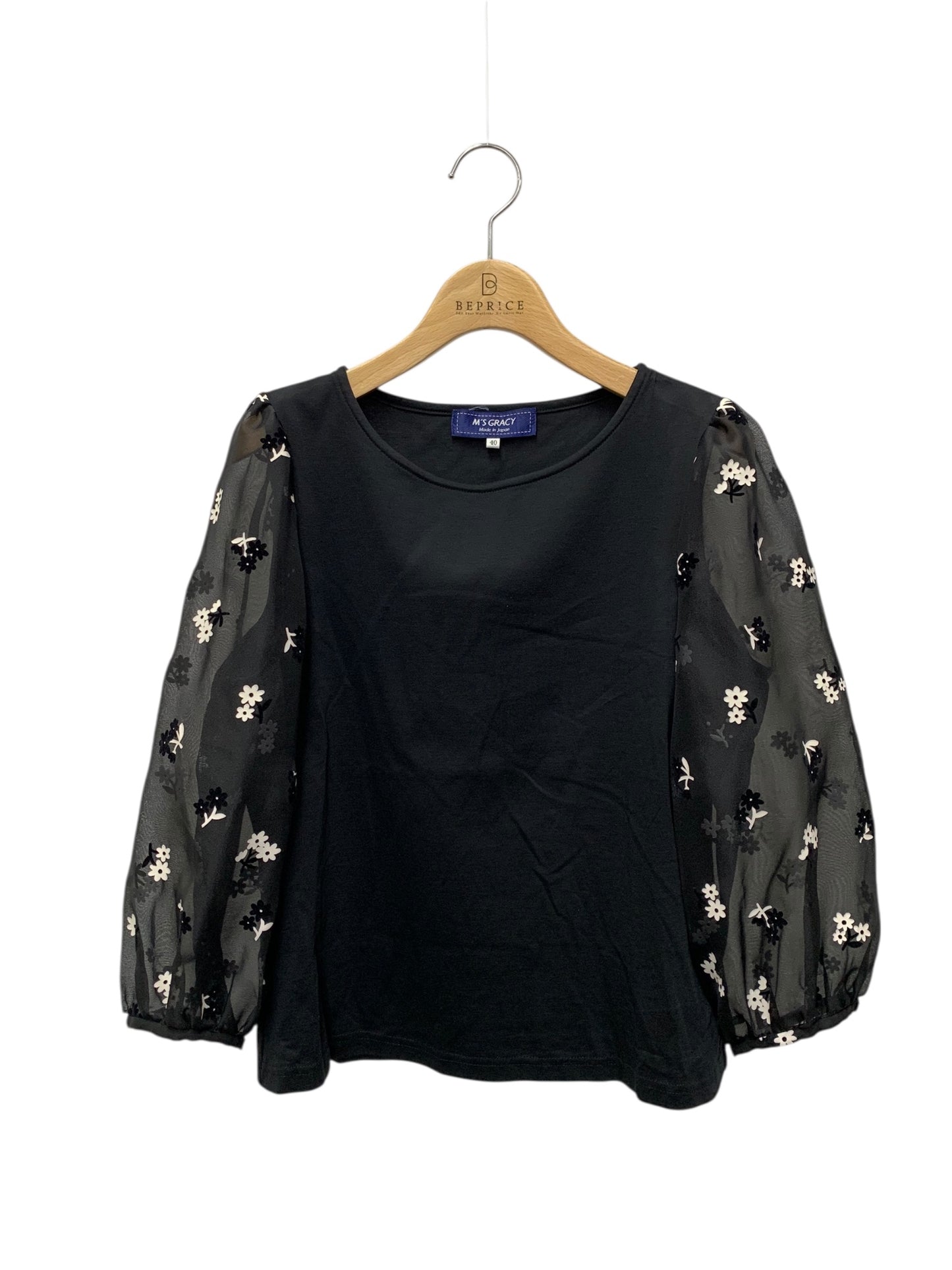 エムズグレイシー 515301 カットソー 40 ブラック フラワーモチーフ パフスリーブ ITM8PL15VTJQ