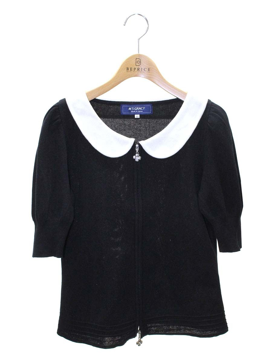 エムズグレイシー 818335 カーディガン 40 ブラック 襟付き カメリアWジップ ITZ6Q08EOJQ0