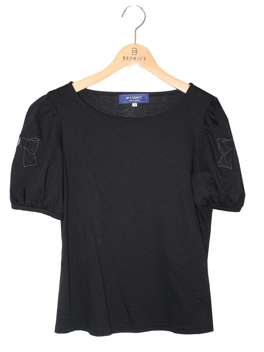 エムズグレイシー 115332 Tシャツ カットソー 38 ブラック リブ リボン ラウンドネック ITA7A0NJ95SS