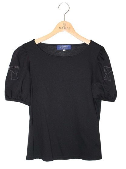 エムズグレイシー 115332 Tシャツ カットソー 38 ブラック リブ リボン ラウンドネック ITA7A0NJ95SS