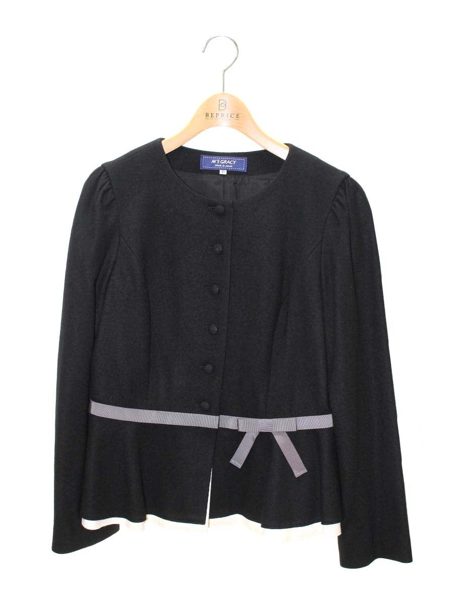 エムズグレイシー 814528 ジャケット 40 ブラック ノーカラー ウール リボン ITXCKTMDNUY4