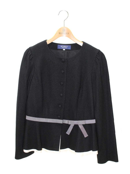 エムズグレイシー 814528 ジャケット 40 ブラック ノーカラー ウール リボン ITXCKTMDNUY4