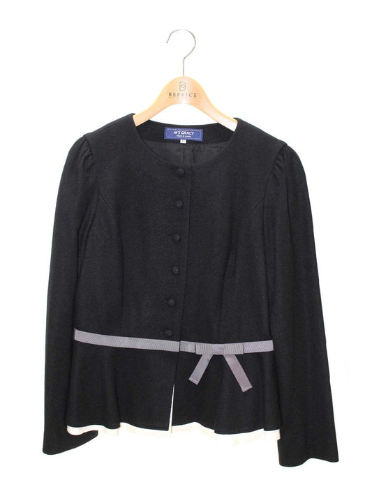 エムズグレイシー 814528 ジャケット 40 ブラック ノーカラー ウール リボン ITXCKTMDNUY4