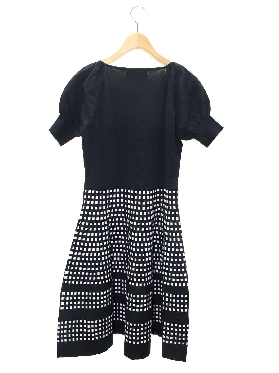 エムズグレイシー 018338 ワンピース 38 ブラック/ホワイト フィット＆フレアニット リボン ITCNWYVQWDIO