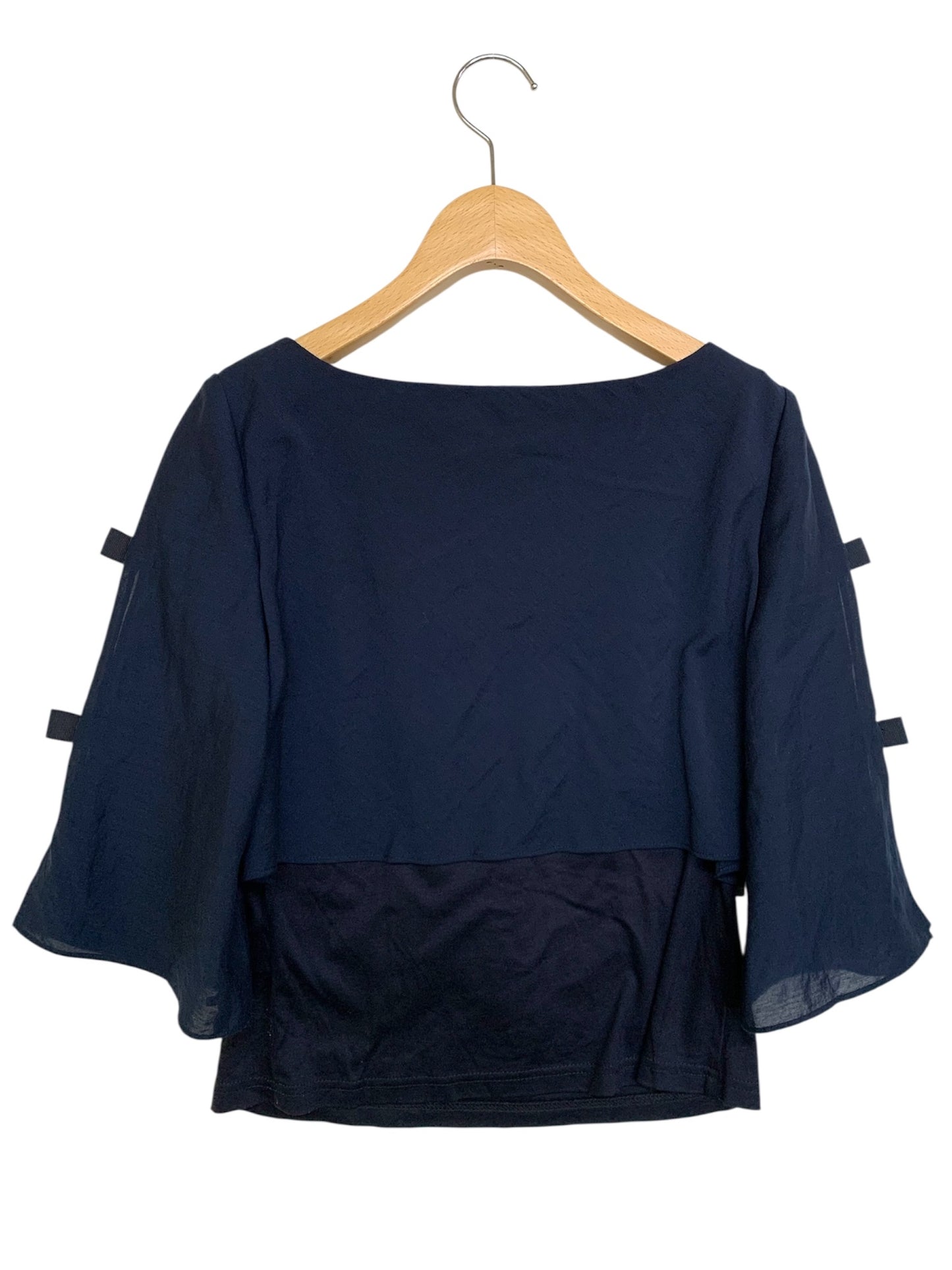 エムズグレイシー 815333 シャツ ブラウス 38 ネイビー ティアード 異素材 袖リボン ITRIHRH628C4