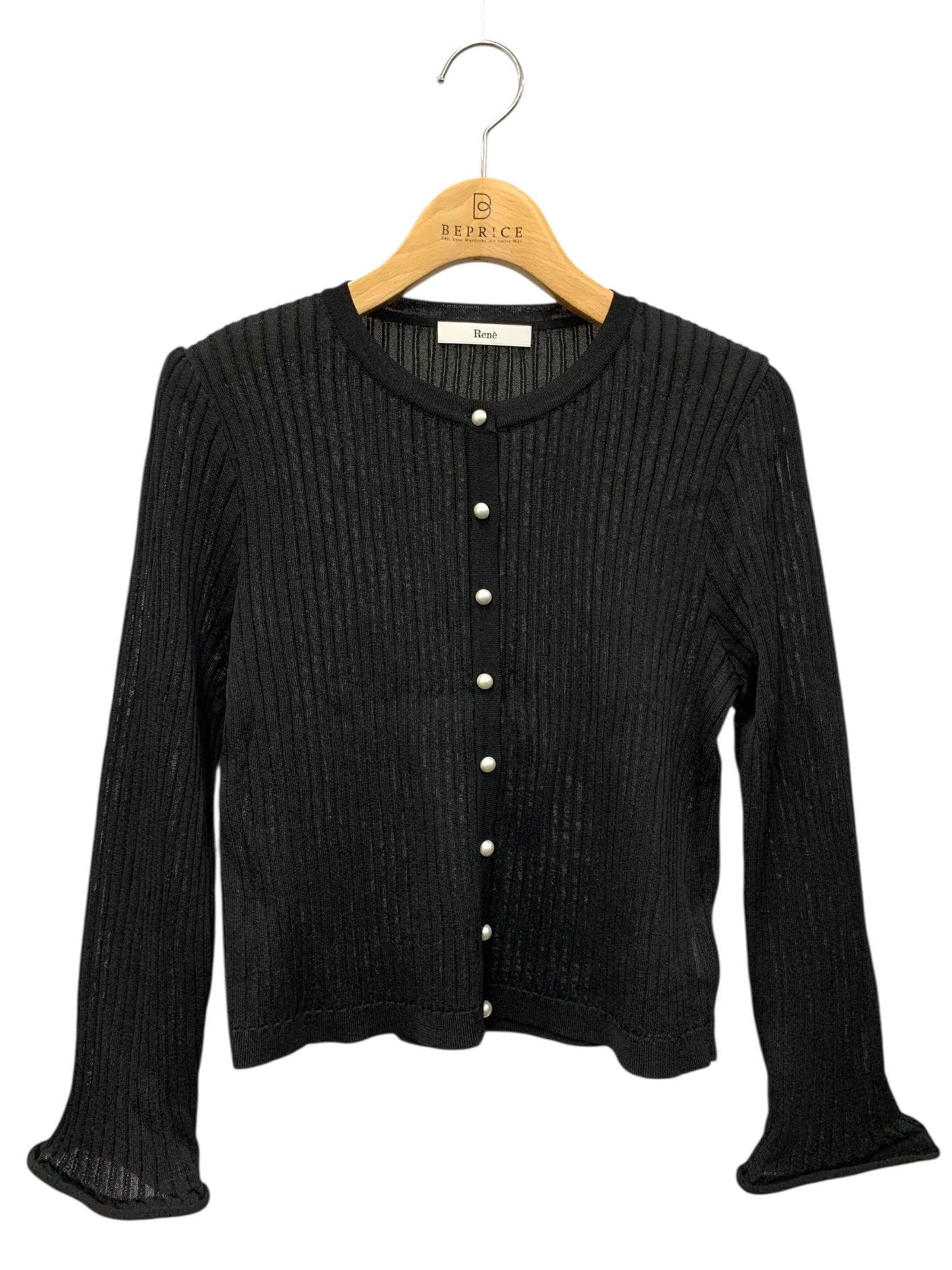 ルネ 6512830 カーディガン 38 ブラック リブ パールボタン ITLIBURV0U30