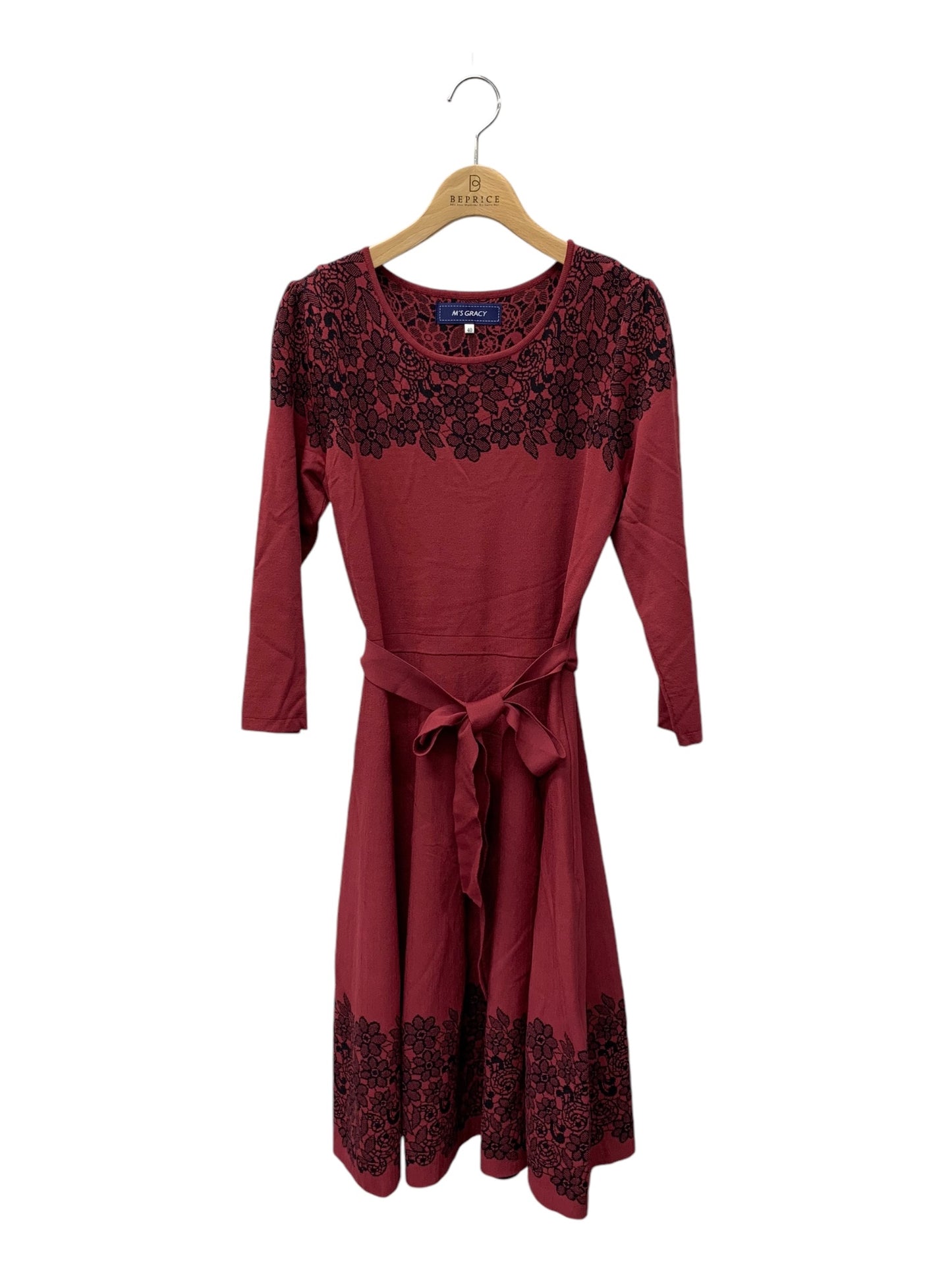 エムズグレイシー Burgundy Knit Dress 818518 ワンピース 40 レッド ニット 花柄 IT72UGE81Y84