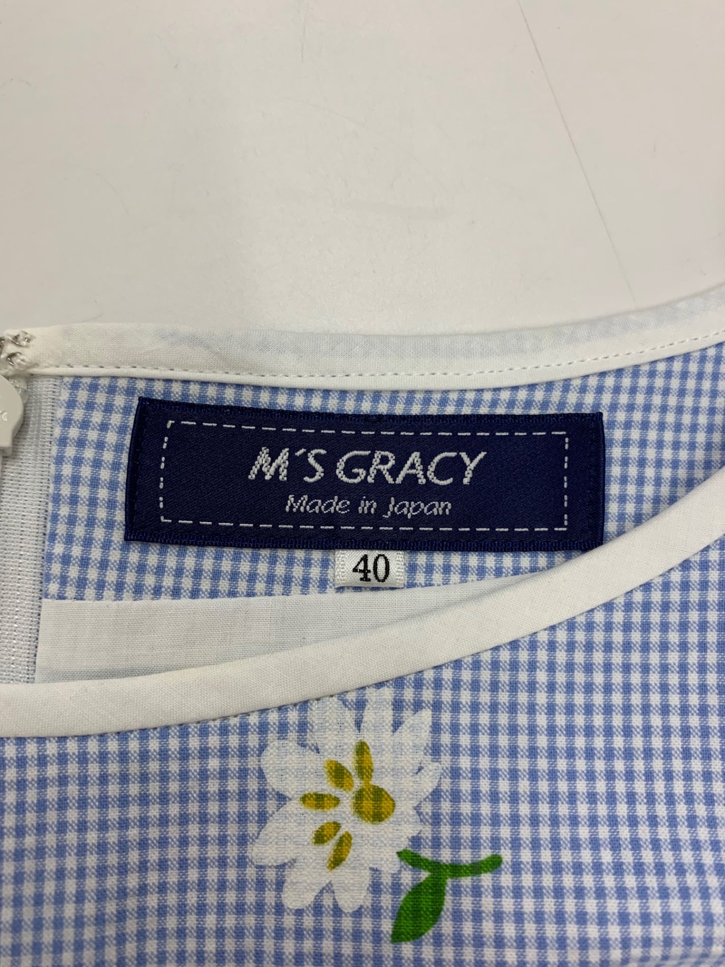 エムズグレイシー 011325 ワンピース 36 ブルー チェック柄 フラワーモチーフ IT1QPR3DTHD0 【SALE】