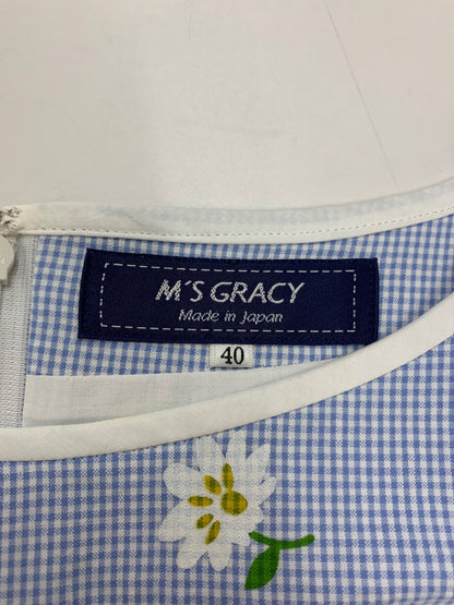 エムズグレイシー 011325 ワンピース 36 ブルー チェック柄 フラワーモチーフ IT1QPR3DTHD0 【SALE】