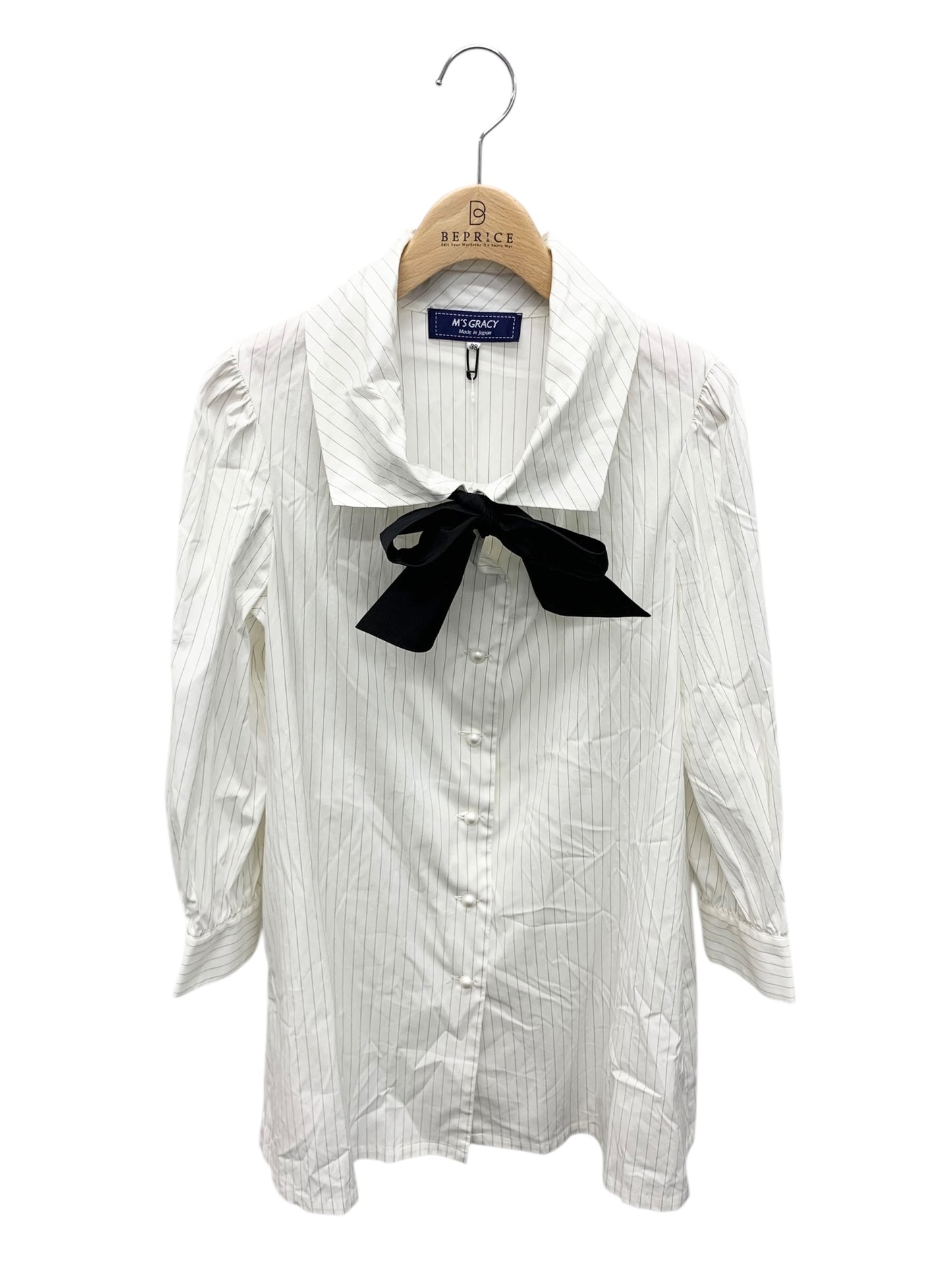 エムズグレイシー 110325 ブラウス 38 ホワイト リボン パールボタン ストライプ ITRI412VVULW