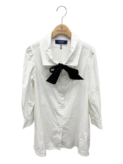 エムズグレイシー 110325 ブラウス 38 ホワイト リボン パールボタン ストライプ ITRI412VVULW