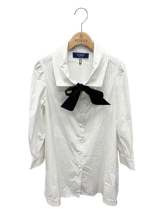 エムズグレイシー 110325 ブラウス 38 ホワイト リボン パールボタン ストライプ ITRI412VVULW
