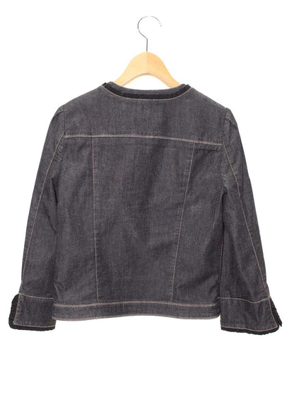 エムズグレイシー 114113 デニムジャケット 40 ブラック ノーカラー フリル ロゴ IT0YA3KDD1R2