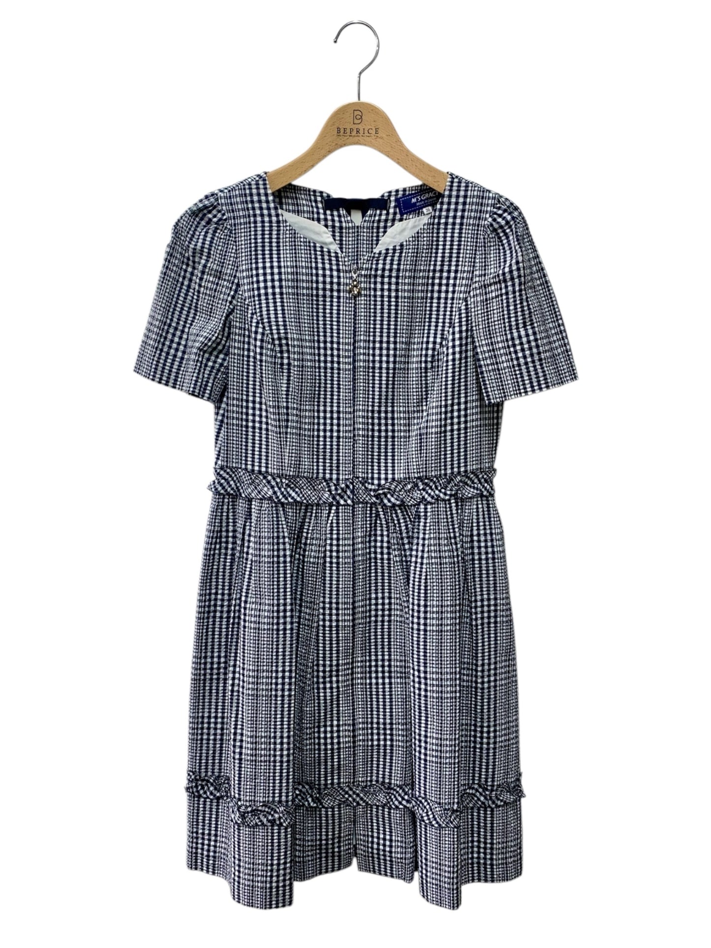 エムズグレイシー 811318 ワンピース 36 ネイビー カメリアジップ ギンガムチェック フリル ITRH7BCA0N60