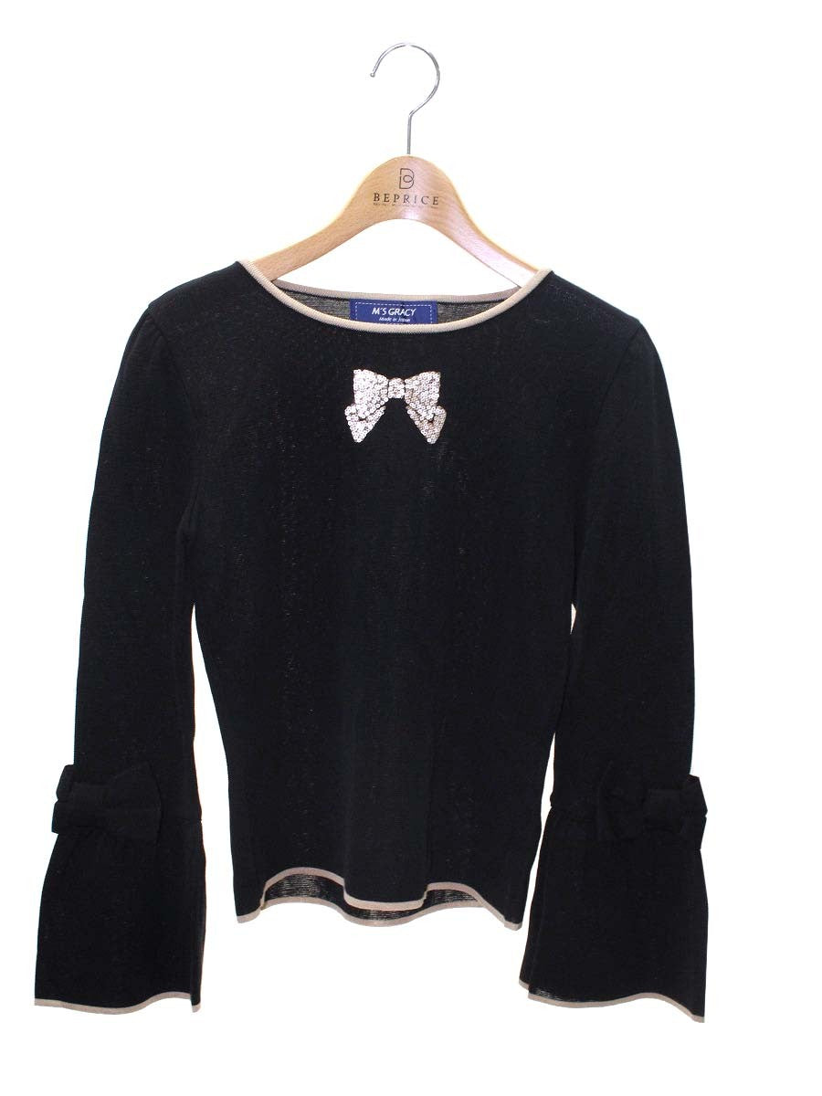 エムズグレイシー 728513 ニット セーター 38 ブラック リボンモチーフ スパンコール ITS2ELGIPXZ4