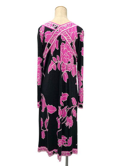 LEONARD FASHION レオナール ワンピース 0350412 花柄 フラワープリント シルク混 長袖 ブラック ピンク 42 ITMGYA6RY4V8
