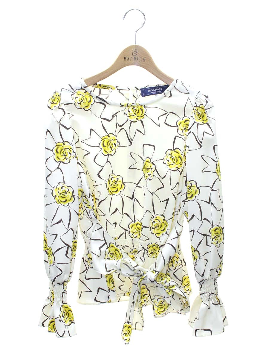 エムズグレイシー 210105 シャツ ブラウス 38 アイボリー/イエロー ローズモチーフ リボン IT31UAACP9ZG
