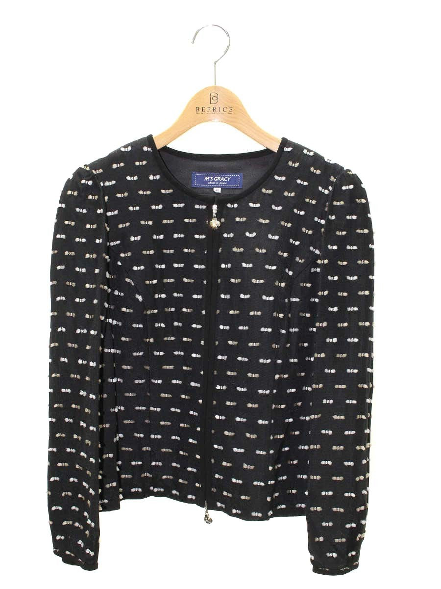 エムズグレイシー 814512 ジャケット 40 ブラック カメリアジップ リボンモチーフ ノーカラー ITDFRV0J55AG