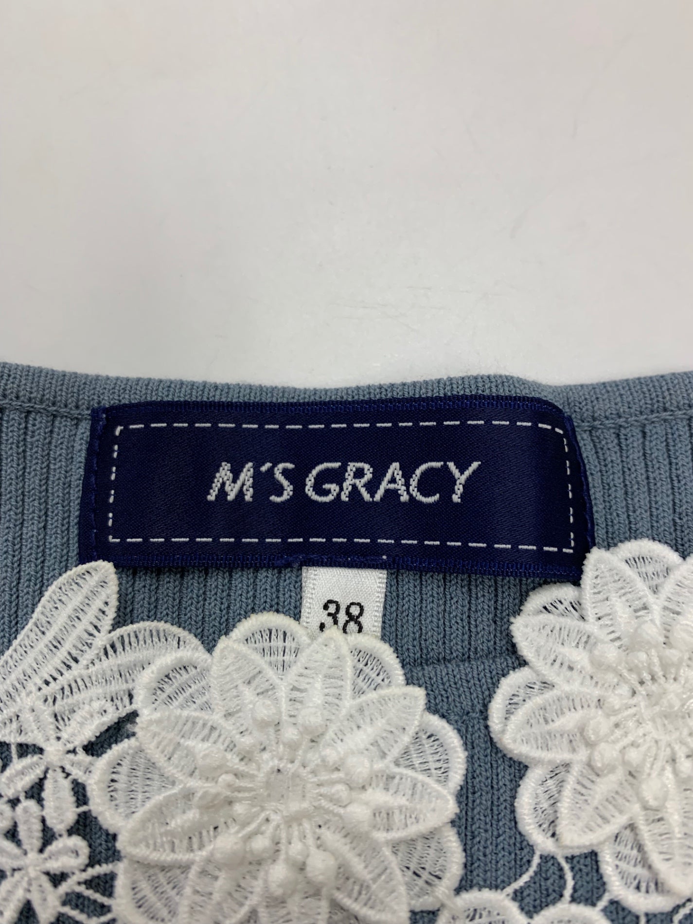 エムズグレイシー 418332 カットソー 38 ライトブルー 刺繍 リブ ITUHX8TPESP4