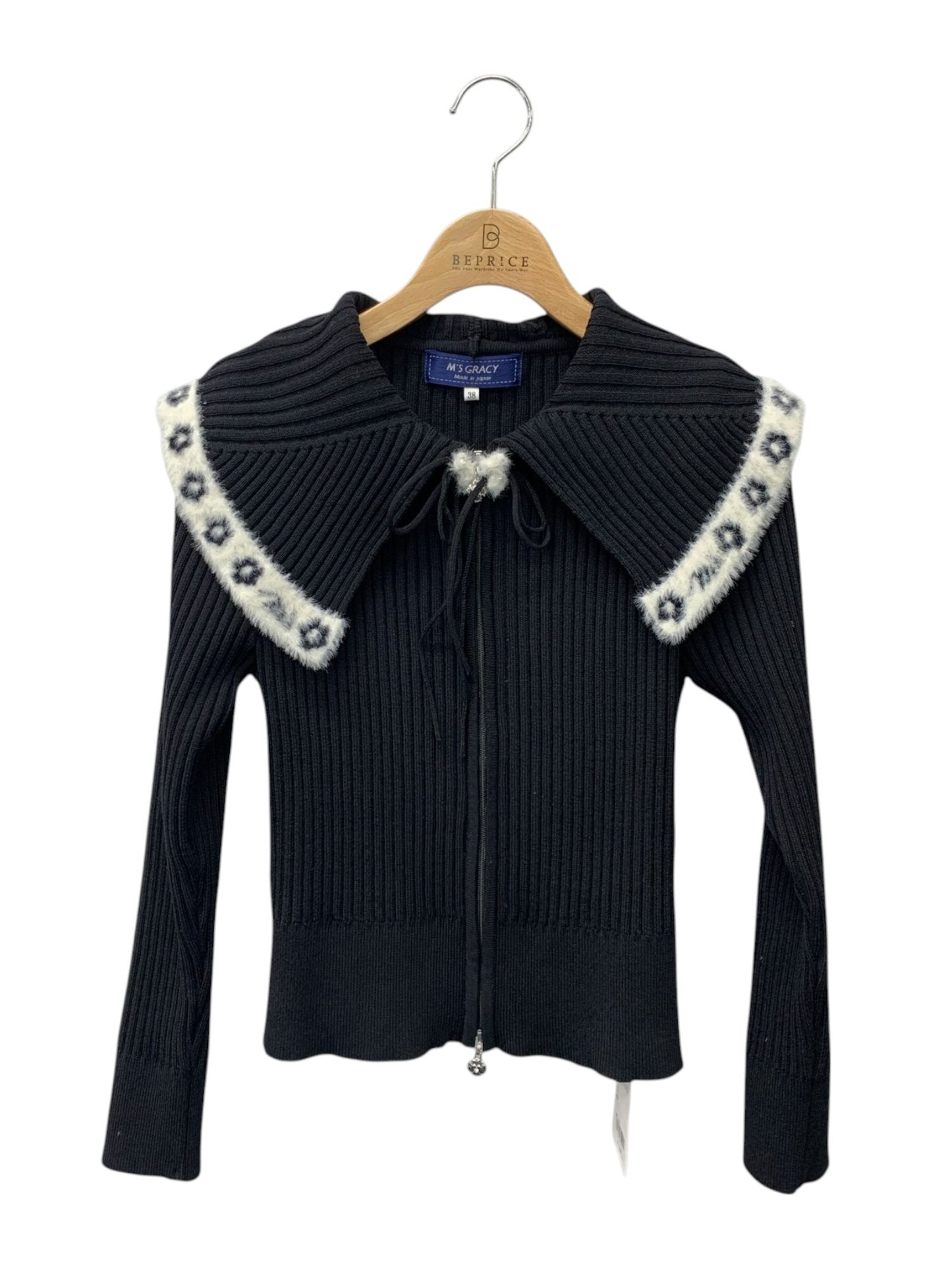 エムズグレイシー 配色大襟ジップアップニット 418633 カーディガン 38 ブラック ITCCO4ERUPEU