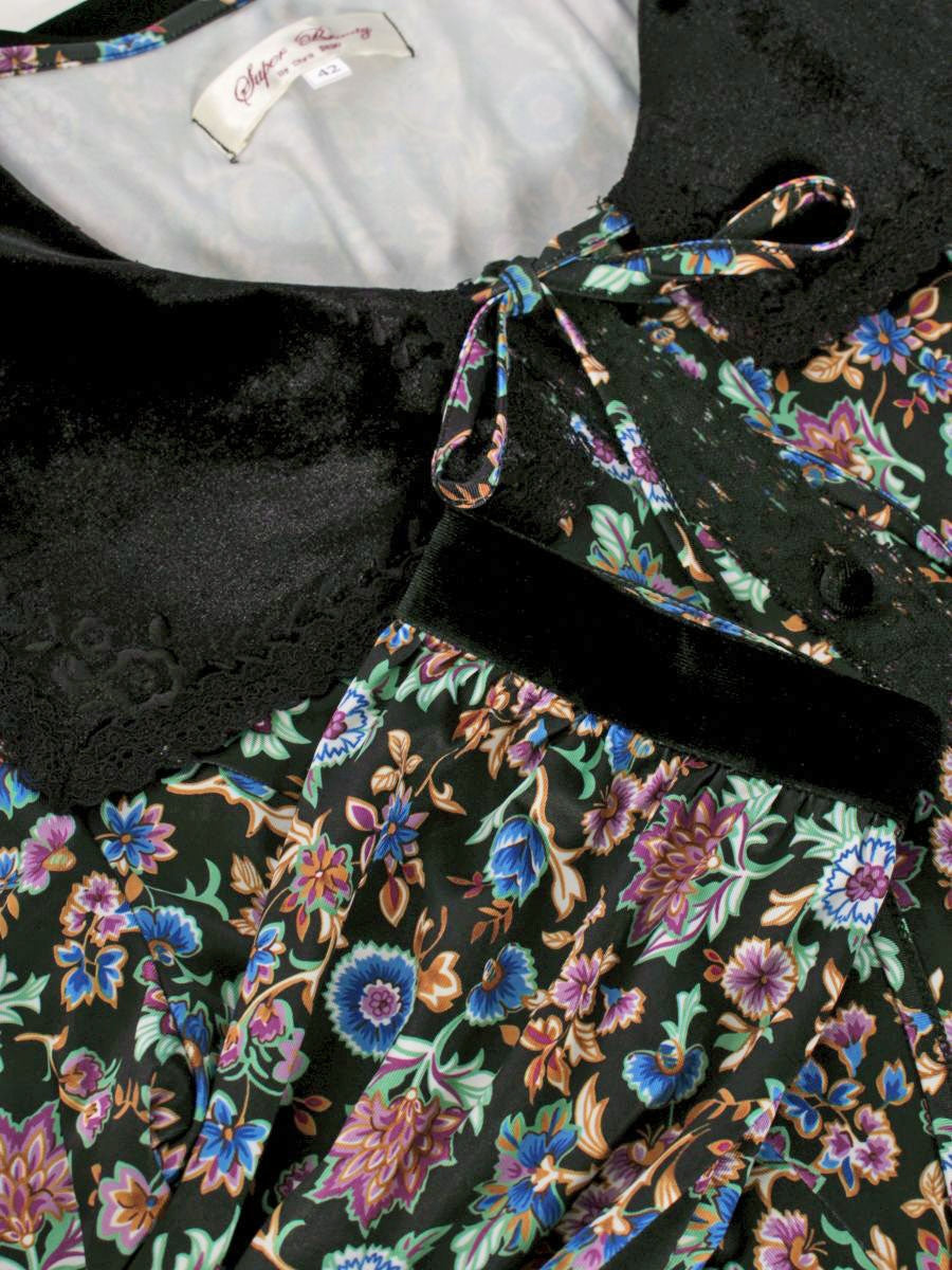 スーパービューティー ワンピース 42 ブラック/マルチカラー 襟 袖ベロア レース 花柄 ITDT4QFMVZ6W 【SALE】